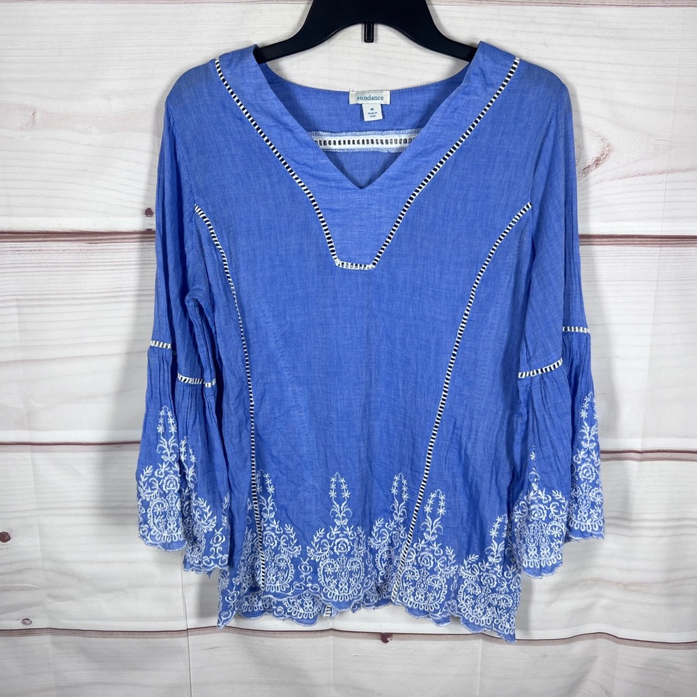 Sundance Peasant Blouse Womens M Blue Embroidered Bell Sleeve V-Neck Cotton Top